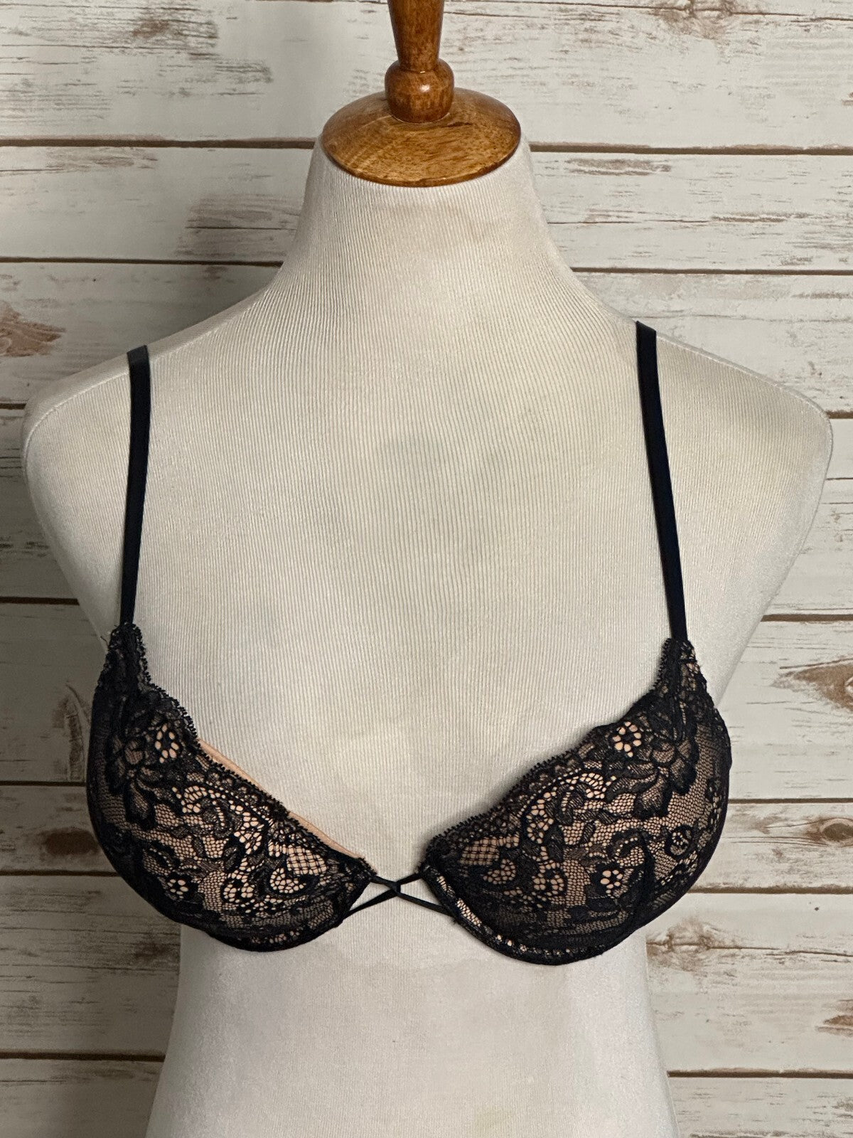 Adore Me black floral lace balconette push-up bra 32D coquette dark feminine