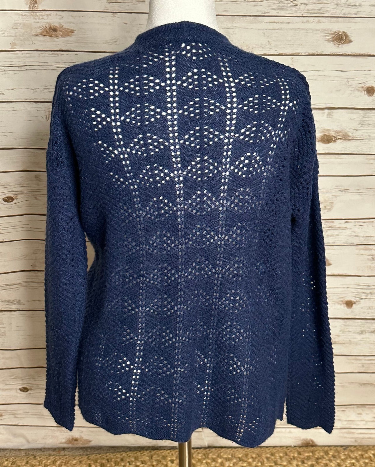 Garnet Hill navy blue cashmere linen pointelle knit open cardigan sweater XS