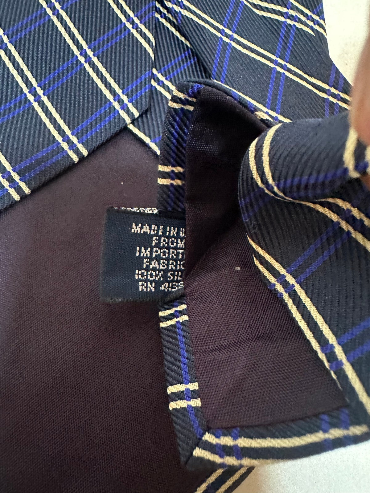 Vintage Polo by Ralph Lauren navy cream plaid 100% silk tie preppy old money