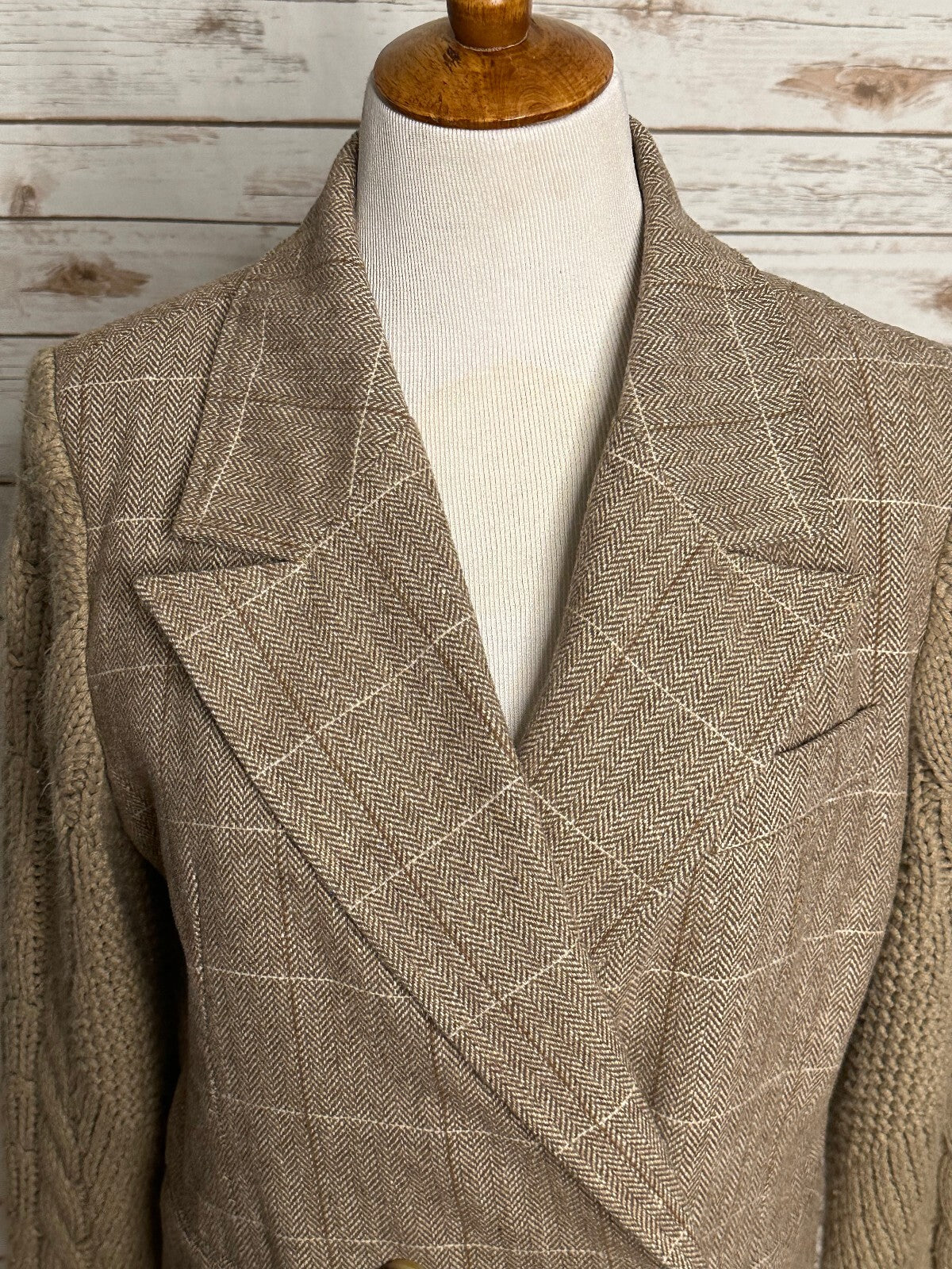 Avec Les Filles taupe herringbone long cable-knit sleeve wool-blend blazer Medium