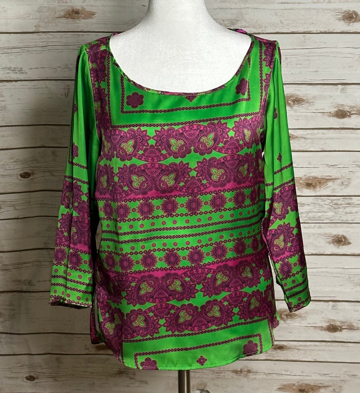 Zara green purple paisley floral 3/4 length sleeve tunic top Medium boho chic