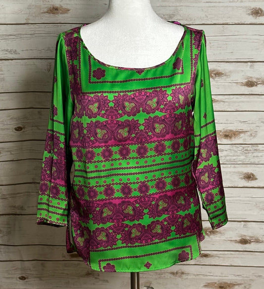 Zara green purple paisley floral 3/4 length sleeve tunic top Medium boho chic