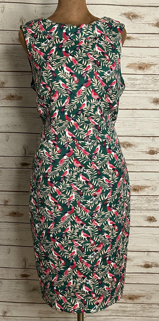Boden green multicolored bird/foliage print sleeveless sheath dress Size 8 retro