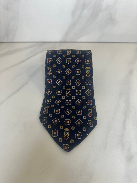 Tommy Hilfiger navy burgundy gold crest geometric 100% silk tie old money