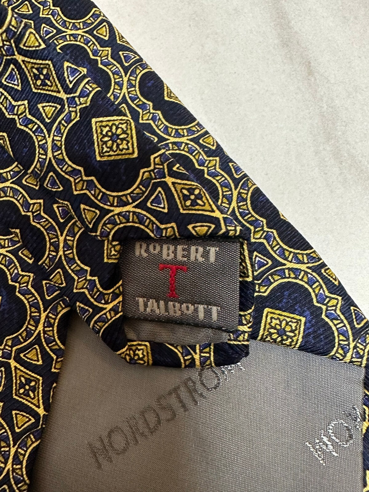Robert Talbott Nordstrom navy gold geometric 100% silk tie old money made in USA