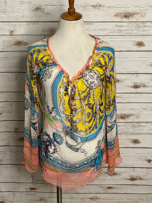 Hale Bob multicolored mixed pattern long sleeve V-neck tie silk blouse Small