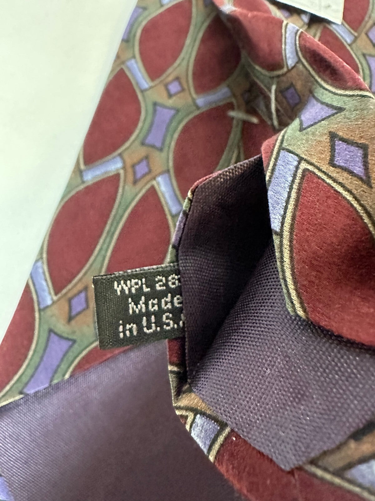 Vintage Halston burgundy olive lavender geometric 100% Italian silk tie Art Deco