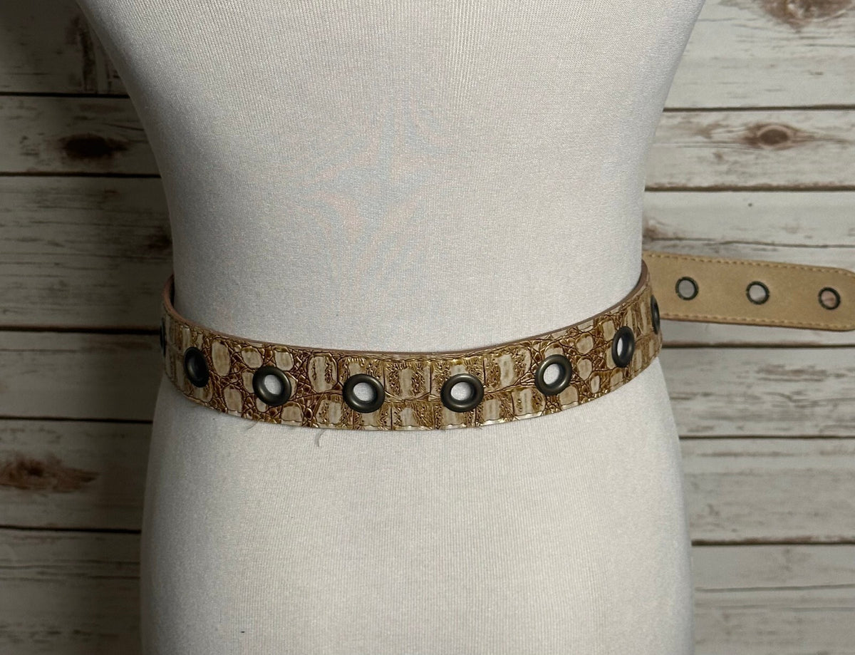 Gold bronze croc-embossed grommet buckle belt L/XL boho chic festival Y2K