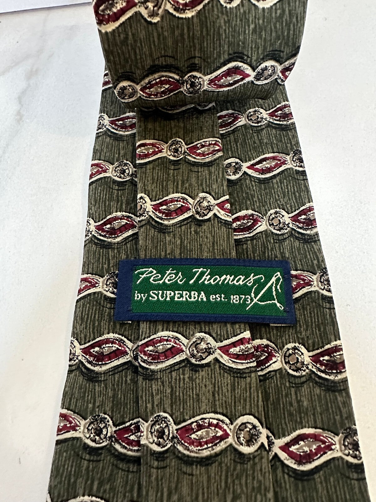 Vintage Peter Thomas by Superba olive green burgundy geometric 100% silk tie