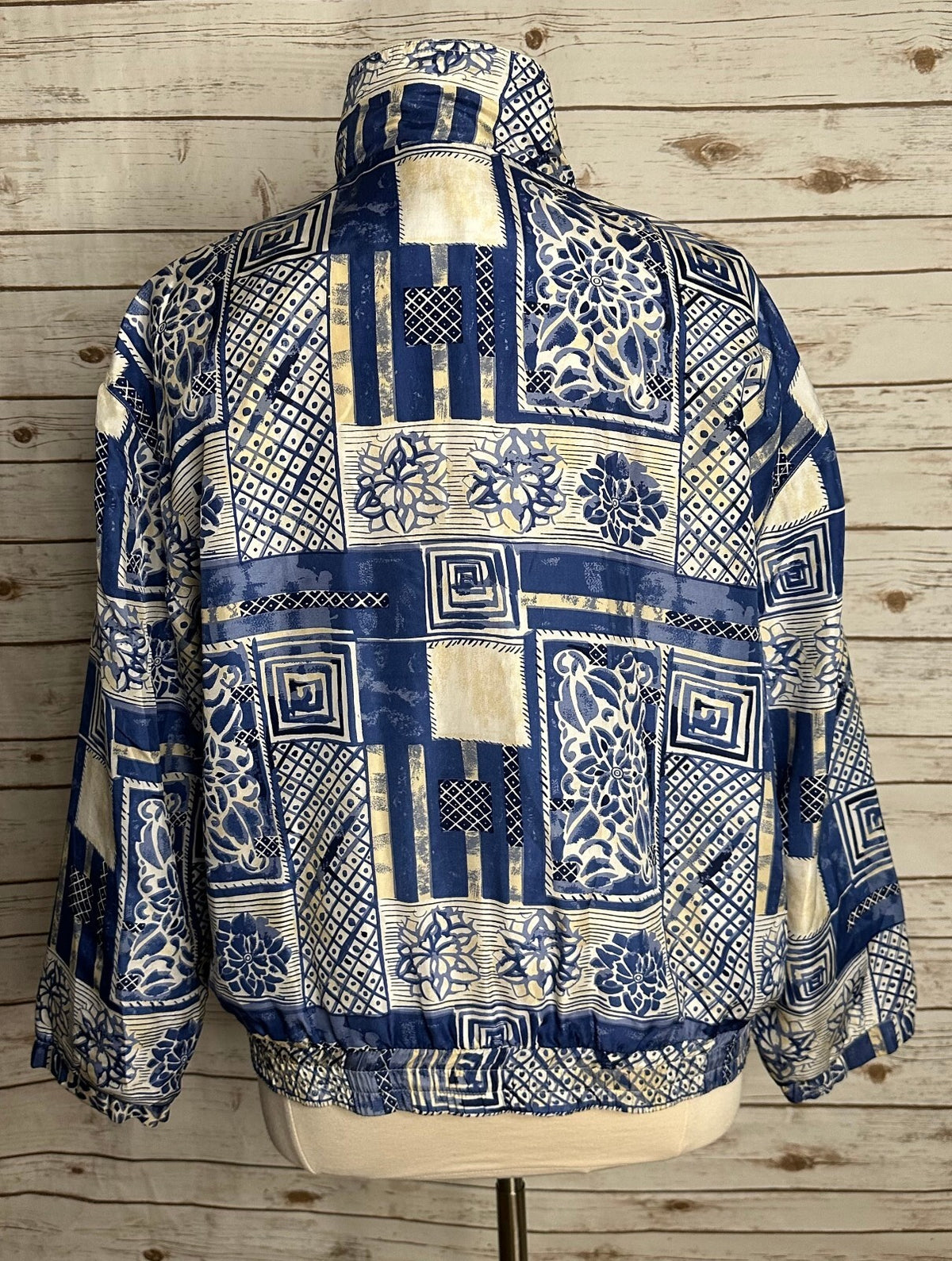 Vintage East West Silks blue white geometric 100% silk bomber-style jacket Large