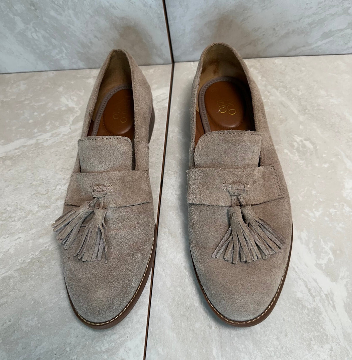 Franco Sarto taupe tasseled kiltie fringe suede loafers 8.5 preppy old money