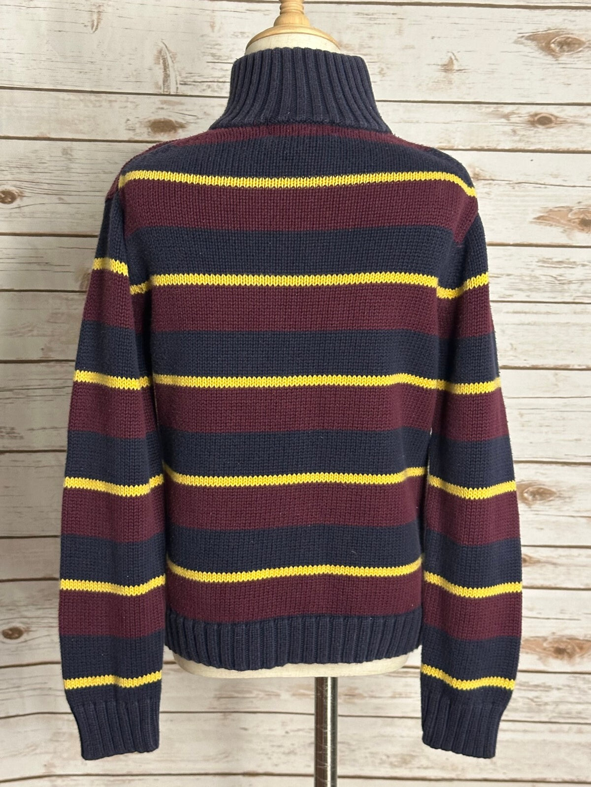 Polo Ralph Lauren burgundy navy yellow stripe cotton quarter zip sweater Size 7