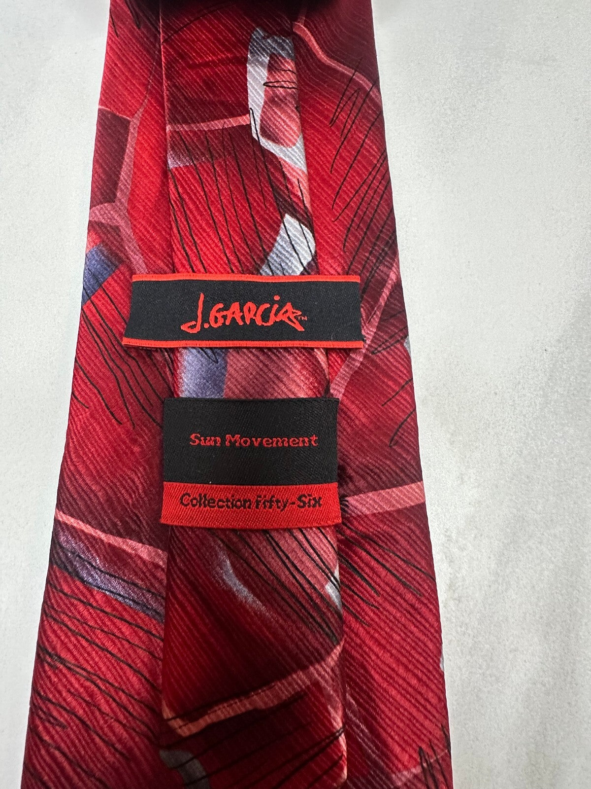 J. Garcia Sun Movement Collection 56 burgundy silver abstract 100% silk tie