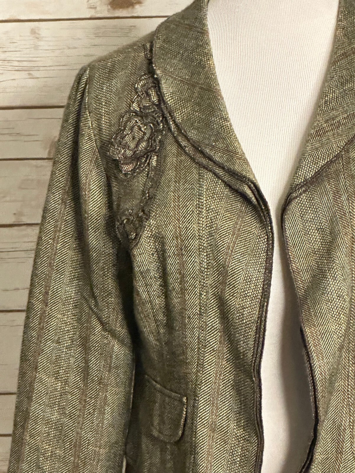 Coldwater Creek brown herringbone floral embroidered peplum blazer Size P10