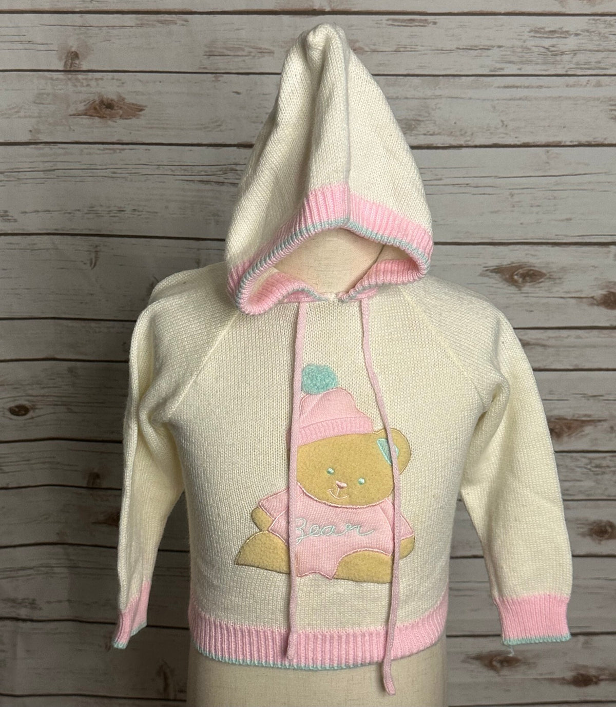 Vintage Quiltex cream teddy bear applique full zip hooded sweater Size 24M