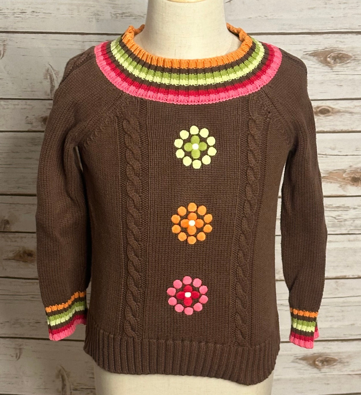 Gymboree Winter Cheer Dot Flower brown 100% cotton cable-knit sweater XS (3-4)