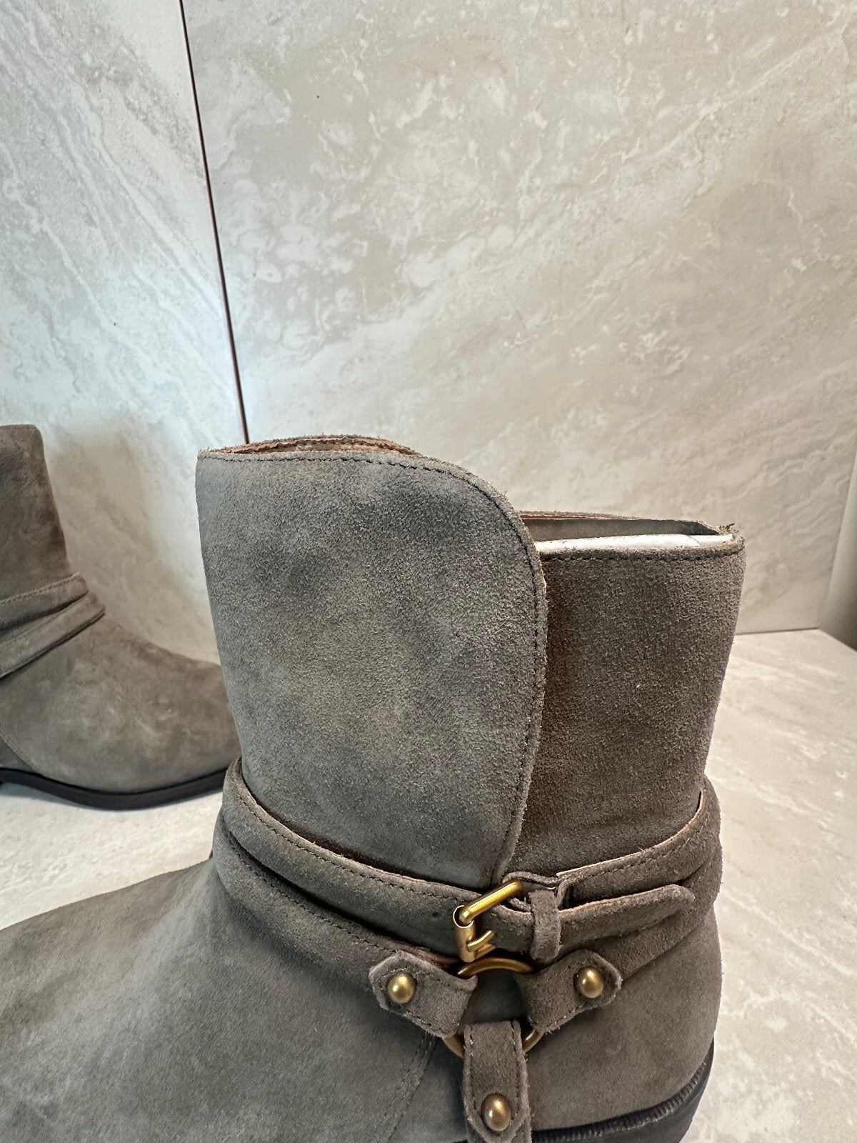 Discontinued UGG Kelby mouse gray suede harness moto mid-calf boots Size 8 biker
