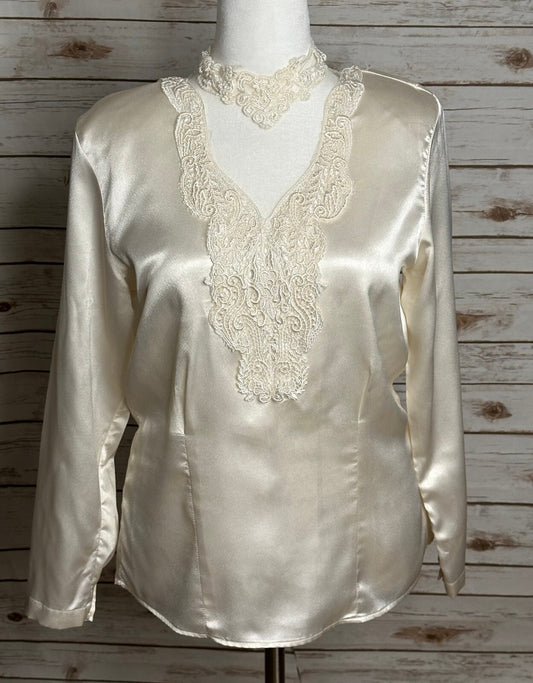 Vintage Victorian ivory satin lace front long sleeve blouse Size 8 romantic