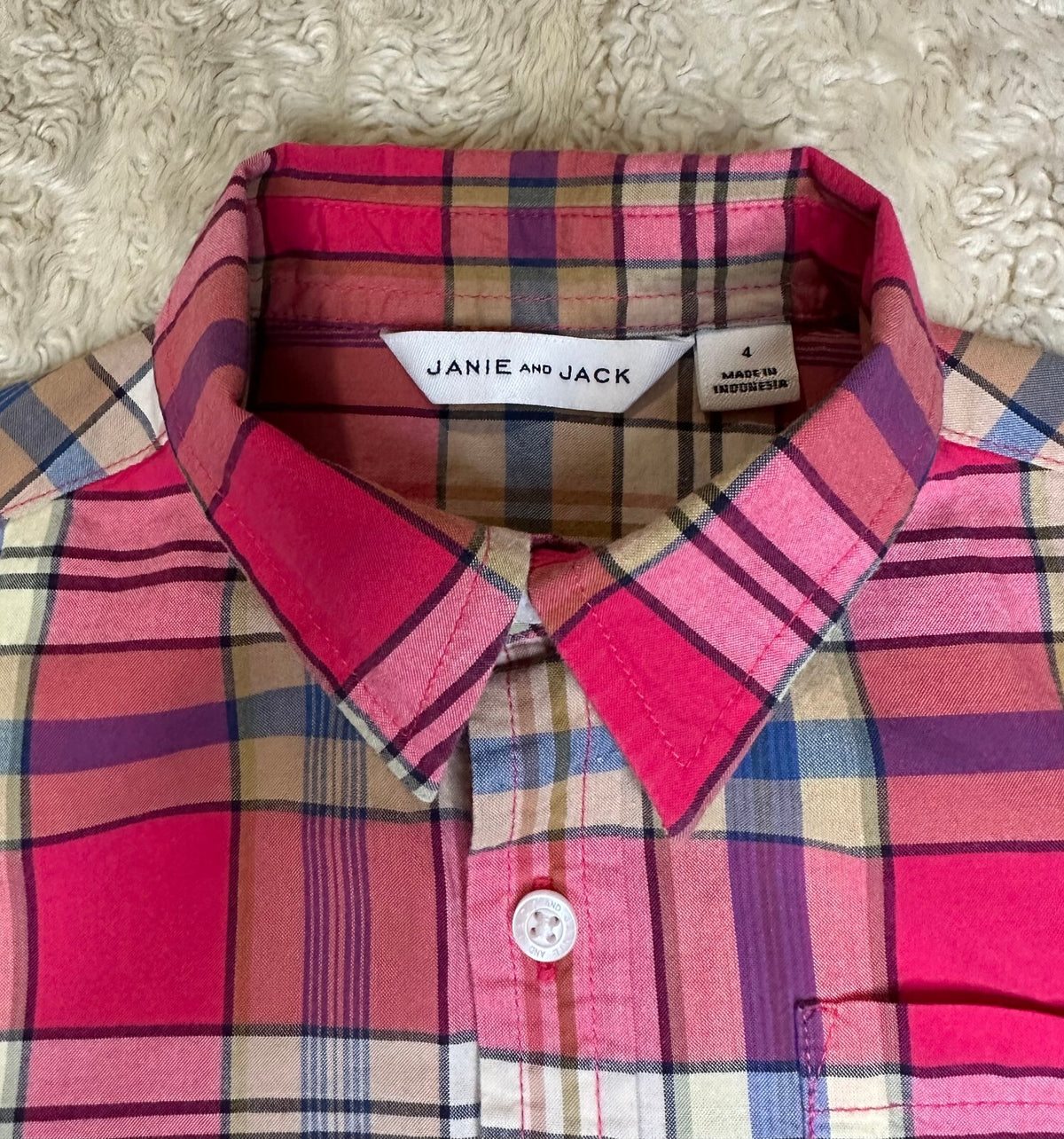 Janie and Jack pink multicolored plaid 100% cotton long sleeve button-up shirt 4