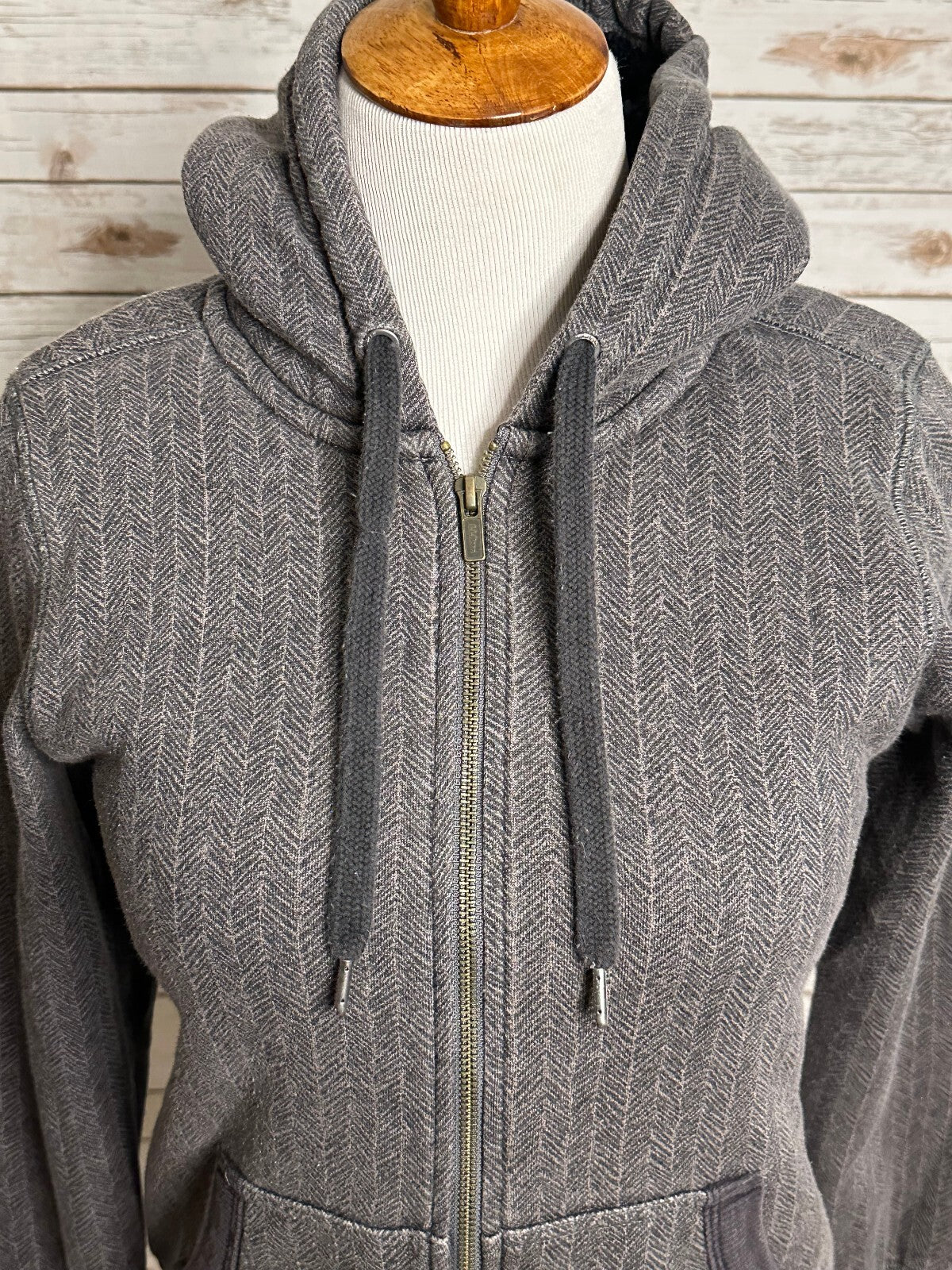 L.L. Bean grey-brown herringbone full-zip sherpa-lined hooded sweatshirt Size XS