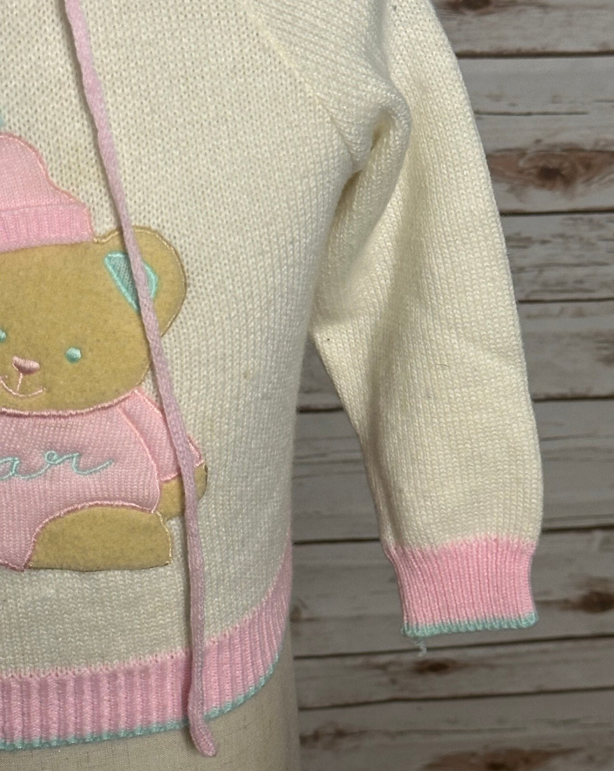 Vintage Quiltex cream teddy bear applique full zip hooded sweater Size 24M