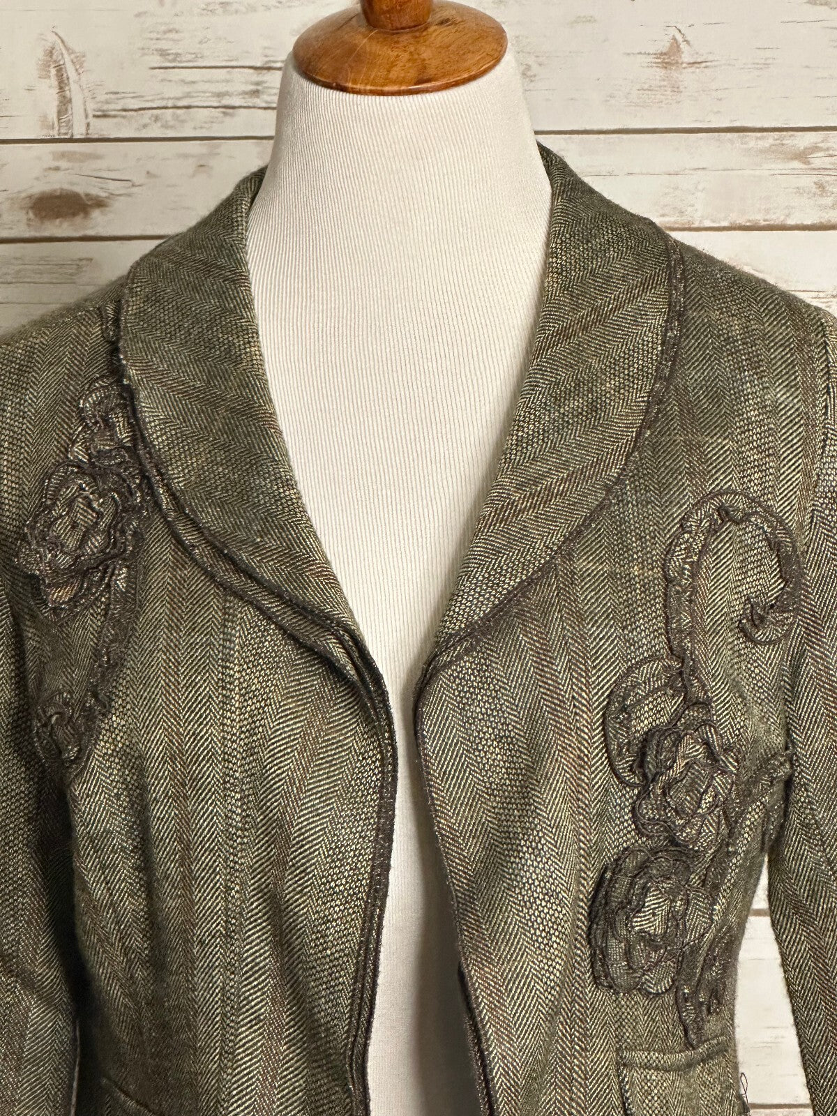 Coldwater Creek brown herringbone floral embroidered peplum blazer Size P10
