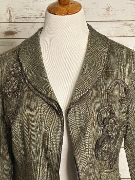 Coldwater Creek brown herringbone floral embroidered peplum blazer Size P10