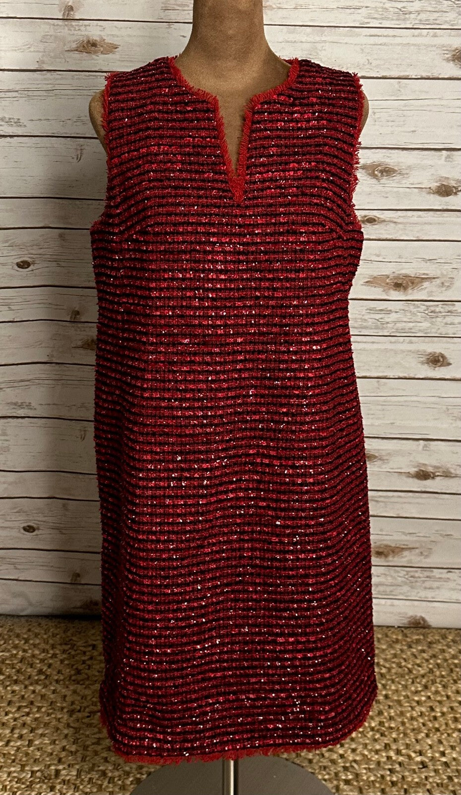 Ann Taylor red black metallic tweed fringe V-neck sleeveless shift dress Size 6