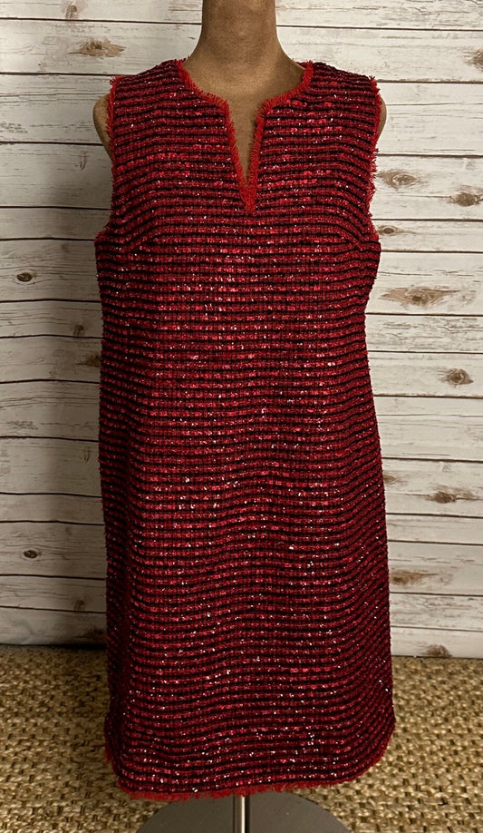 Ann Taylor red black metallic tweed fringe V-neck sleeveless shift dress Size 6
