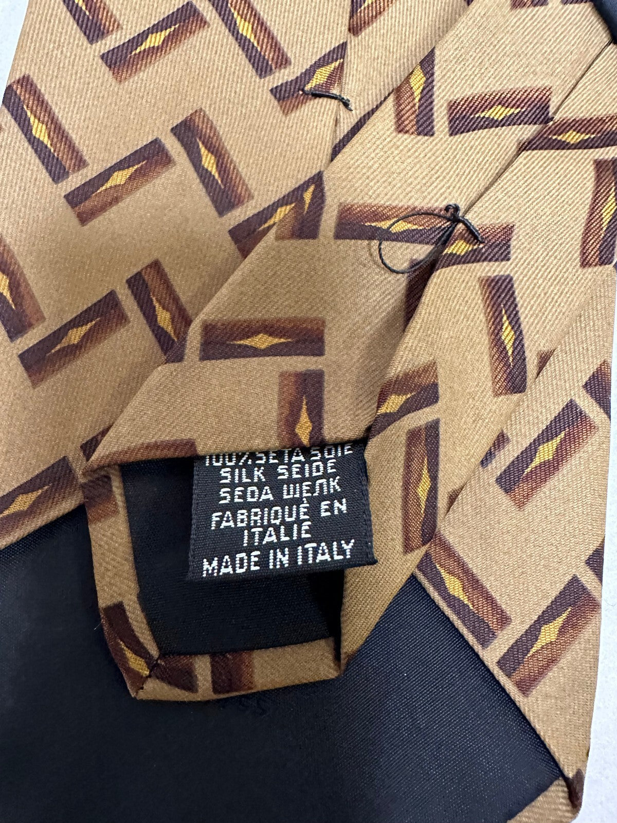 Boss Hugo Boss tan brown geometric 100% Italian silk tie classic quiet luxury
