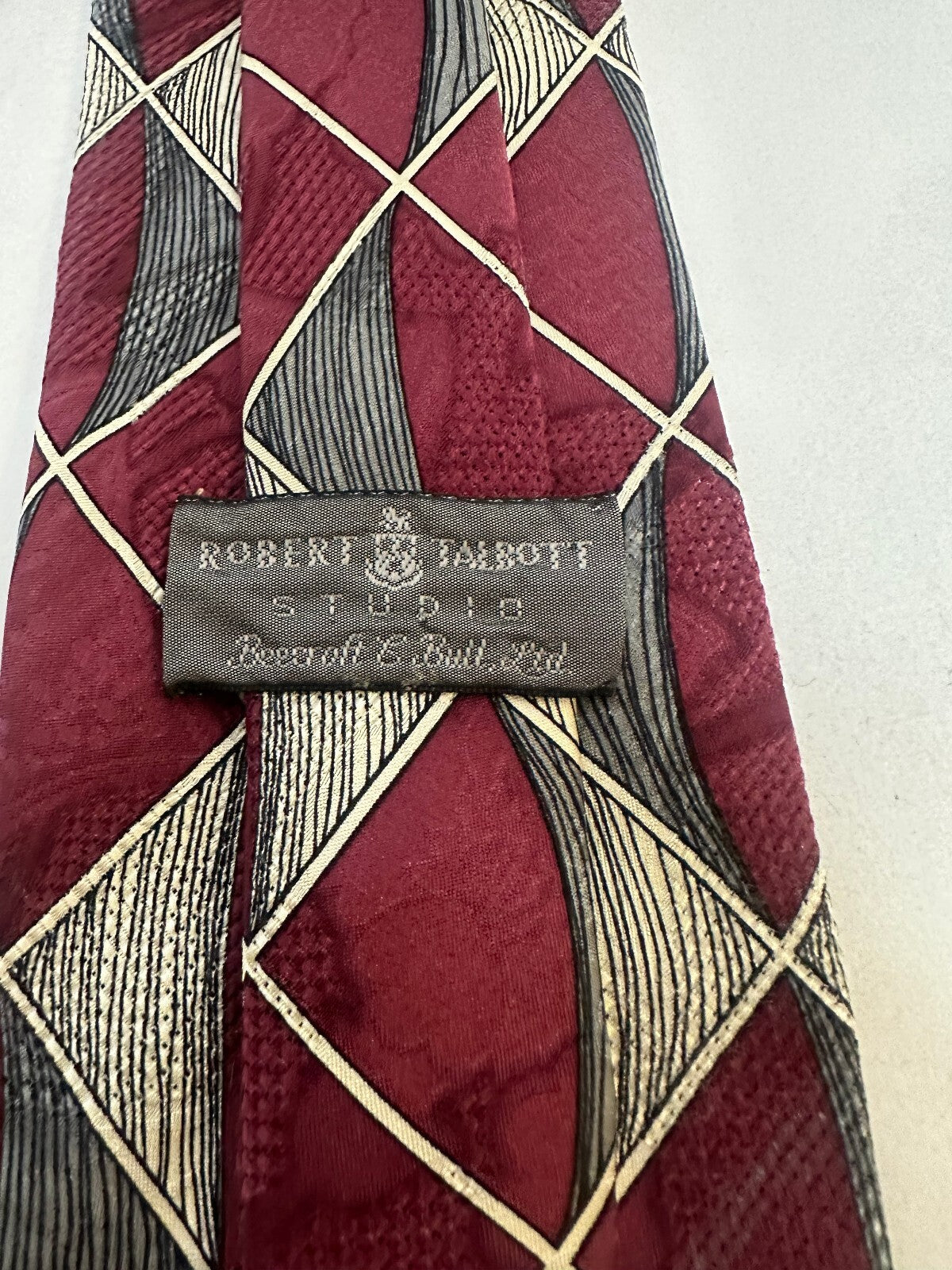 Vintage Robert Talbott Studio burgundy grey ivory abstract geometric silk tie