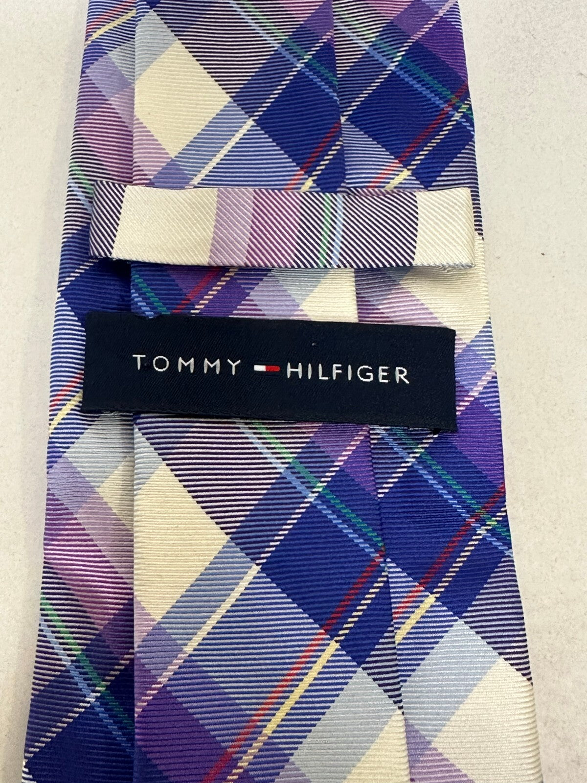 Tommy Hilfiger navy lavender plaid madras 100% silk tie classic preppy old money