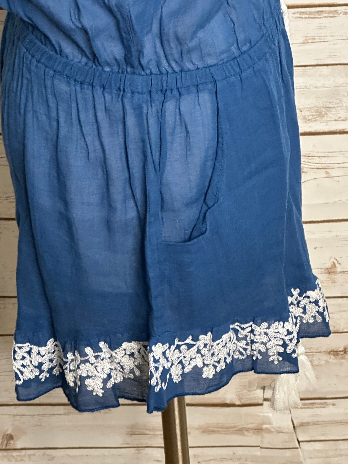 Lucky Brand blue white embroidered off the shoulder romper Small beach festival