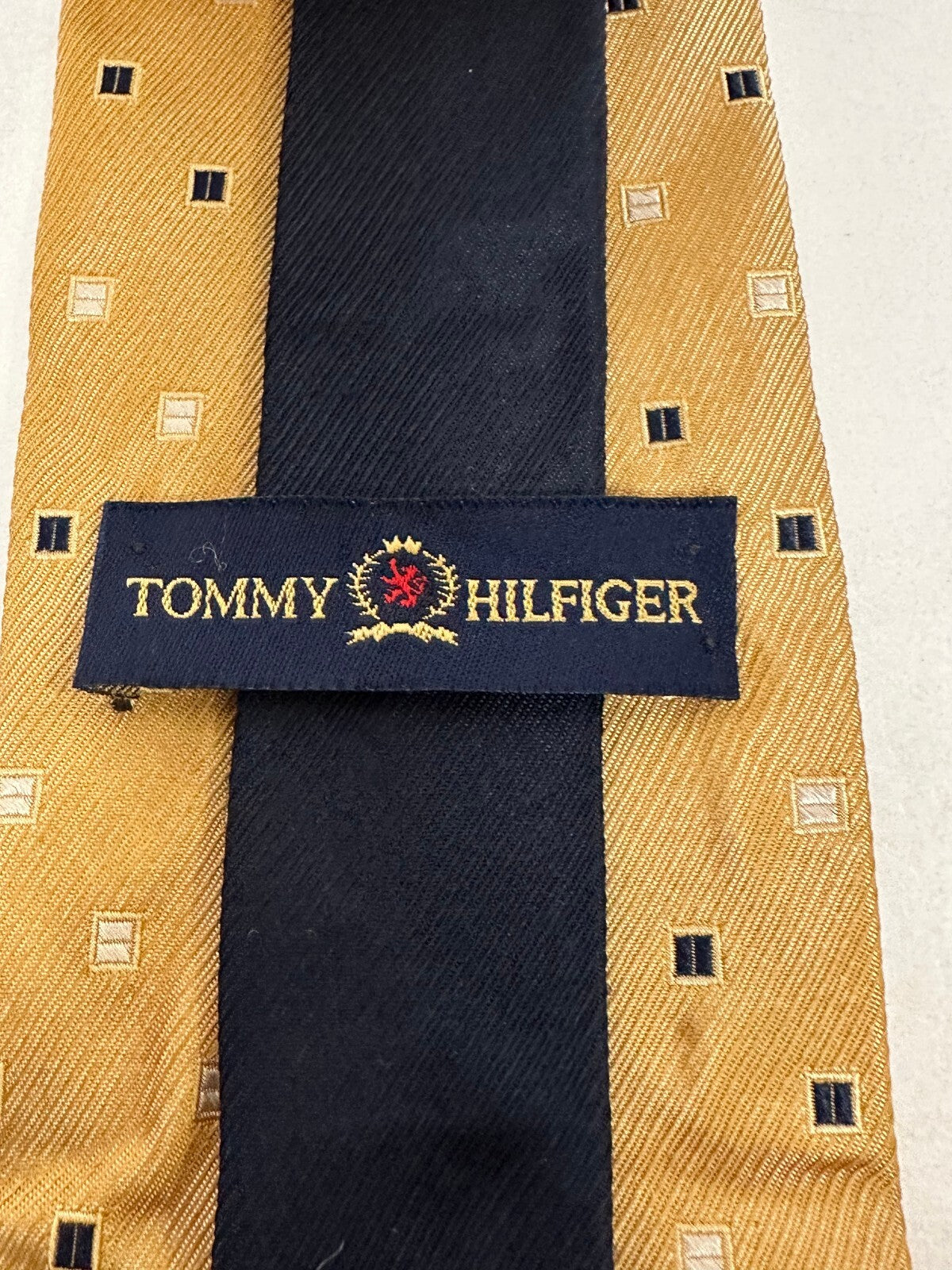 Tommy Hilfiger gold navy cream geometric 100% silk tie classic old money preppy