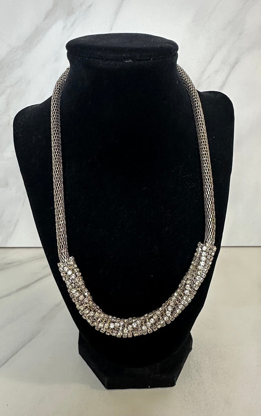 Pave multi-strand rhinestone silver tone mesh chain statement necklace