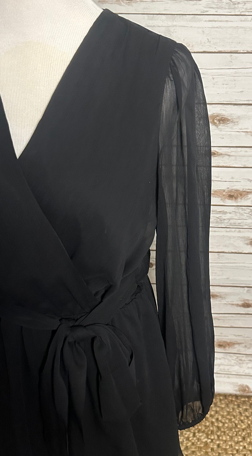 Express Conscious Edit black chiffon sheer long sleeve wrap-style romper Medium
