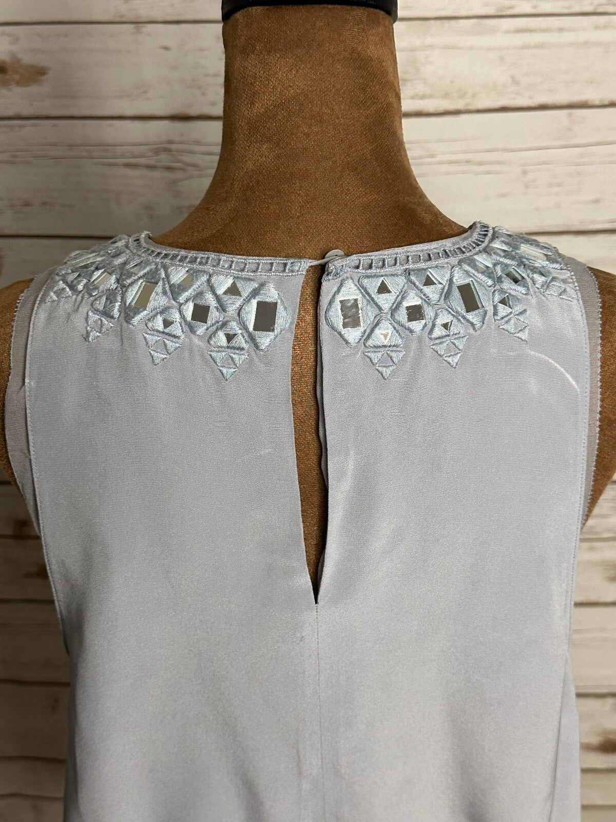 Rebecca Taylor light blue silver geometric embroidered sleeveless silk top 4
