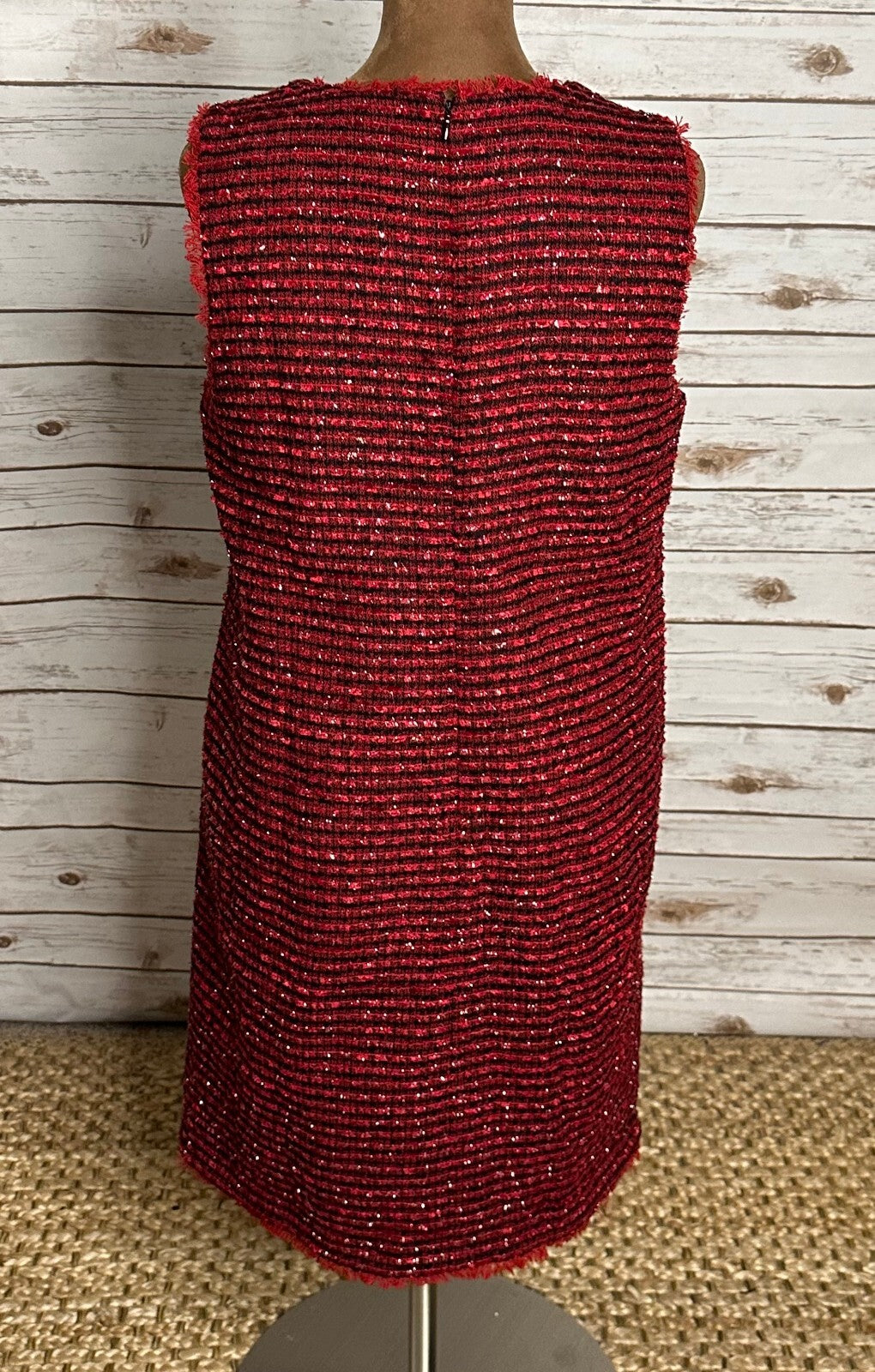 Ann Taylor red black metallic tweed fringe V-neck sleeveless shift dress Size 6
