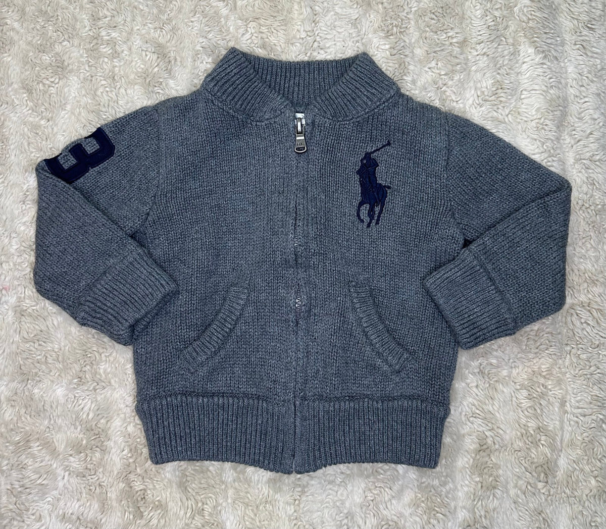 Ralph Lauren Big Pony grey full zip knit cardigan sweater 12M preppy old money