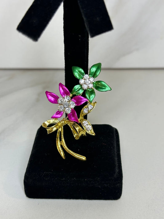Vintage-style pink green floral rhinestone gold-tone statement brooch feminine