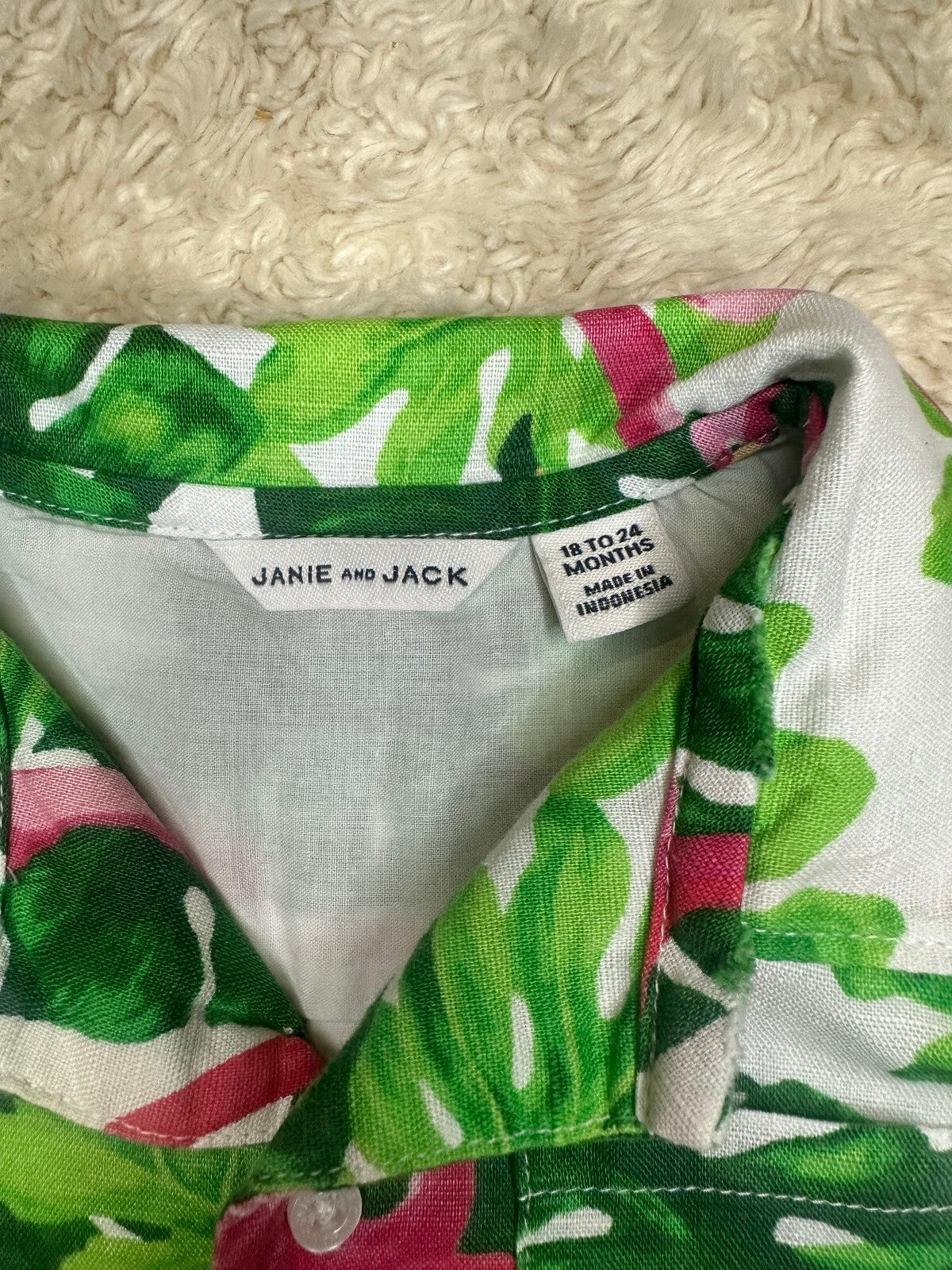 Janie and Jack green pink white short sleeve linen-cotton romper 18-24M tropical