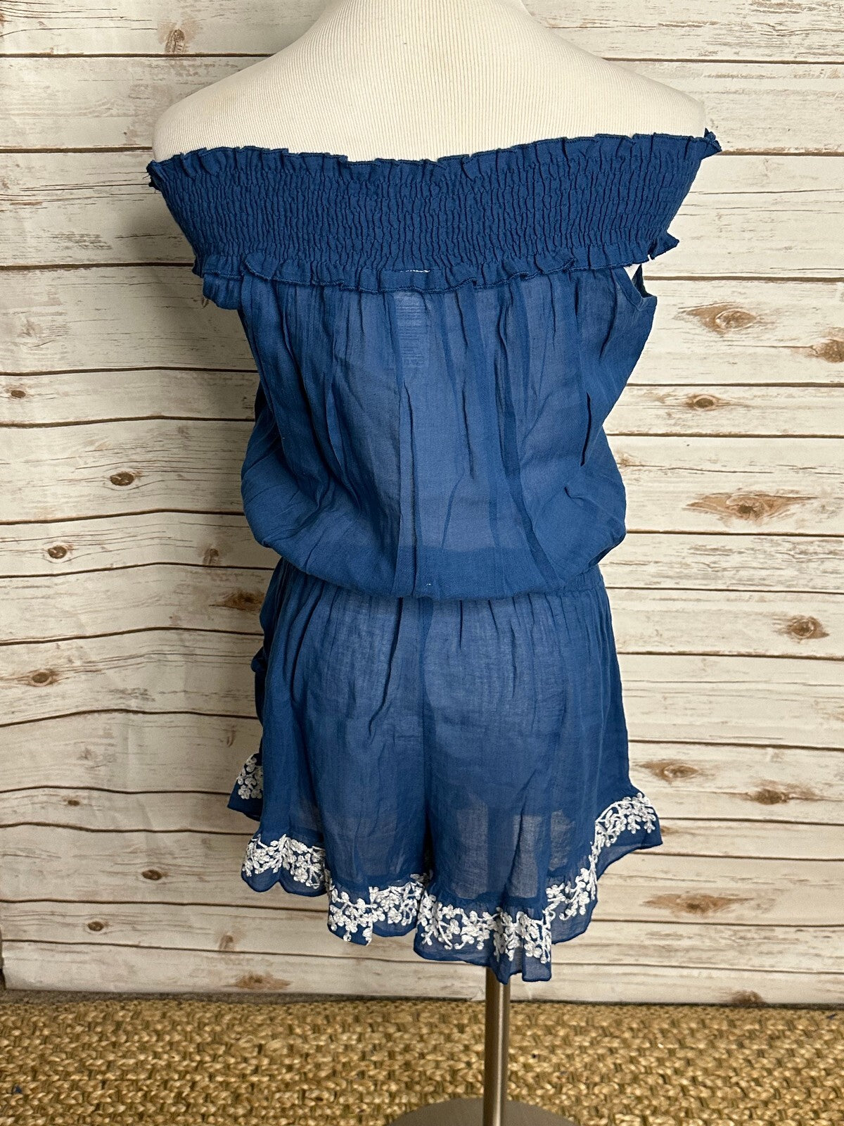 Lucky Brand blue white embroidered off the shoulder romper Small beach festival