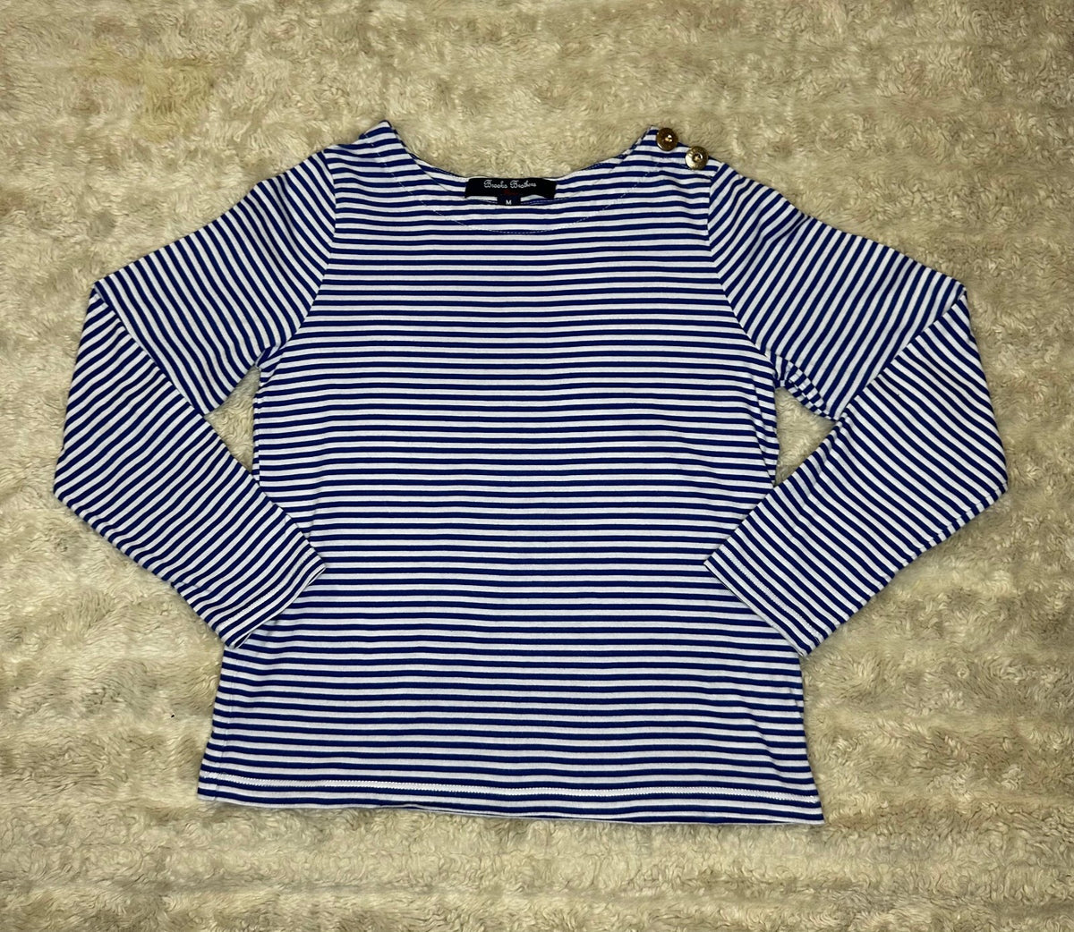 Brooks Brothers Fleece blue white striped long sleeve top Medium preppy nautical