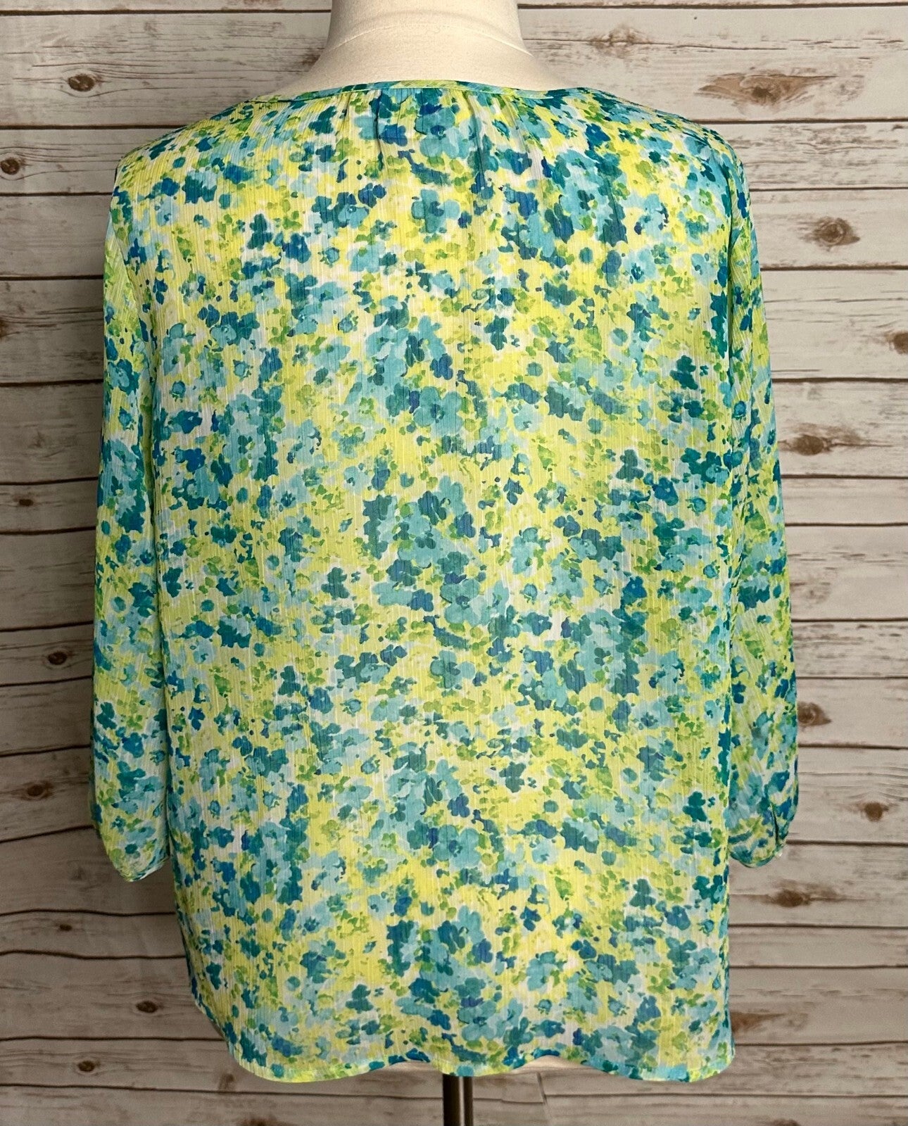 St John's Bay blue green floral 3/4 sleeve crinkle button-up peasant blouse 1X
