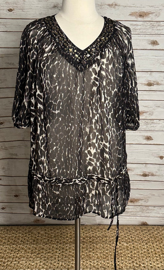 Worthington Woman animal print embellished sheer chiffon V-neck tunic blouse 1X