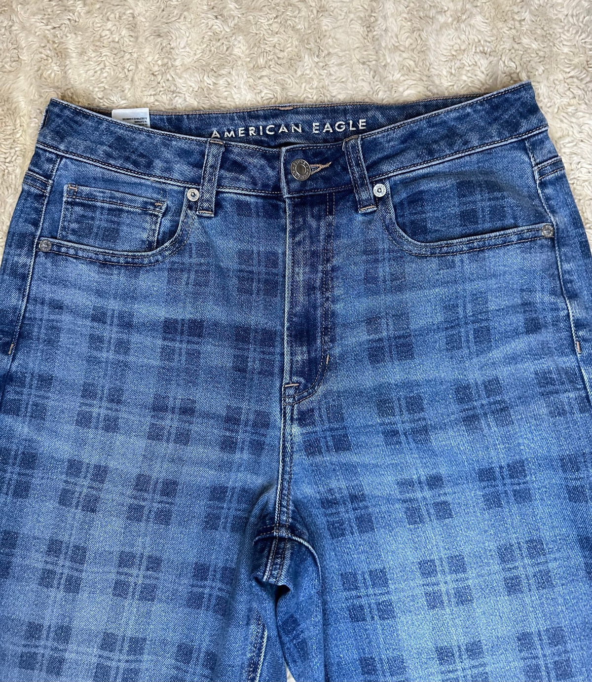 American Eagle Mom Straight medium-dark check plaid stretch denim jeans Size 6