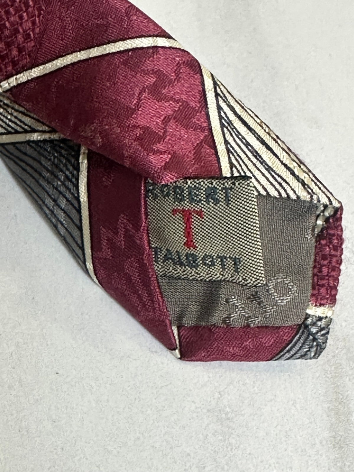 Vintage Robert Talbott Studio burgundy grey ivory abstract geometric silk tie