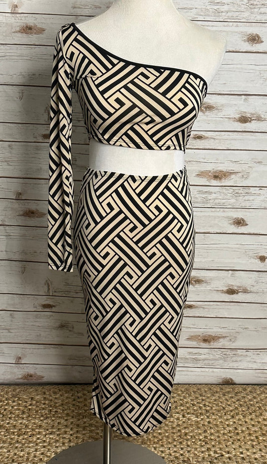 Fashion Nova black taupe graphic geometric asymmetrical top and midi skirt set