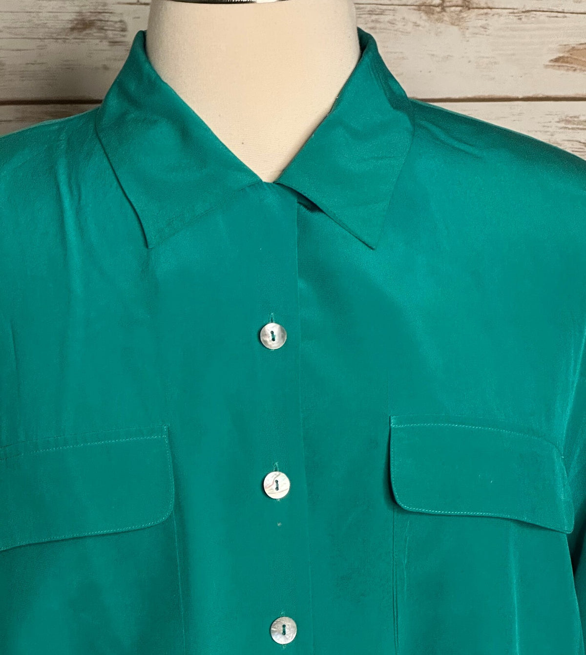 Vintage Silk Land Women blue green long sleeve button-up 100% silk blouse 2X