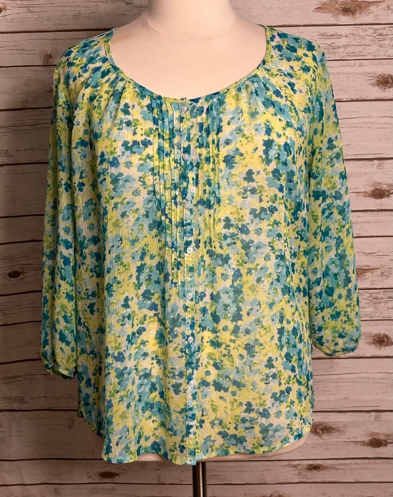 St John's Bay blue green floral 3/4 sleeve crinkle button-up peasant blouse 1X